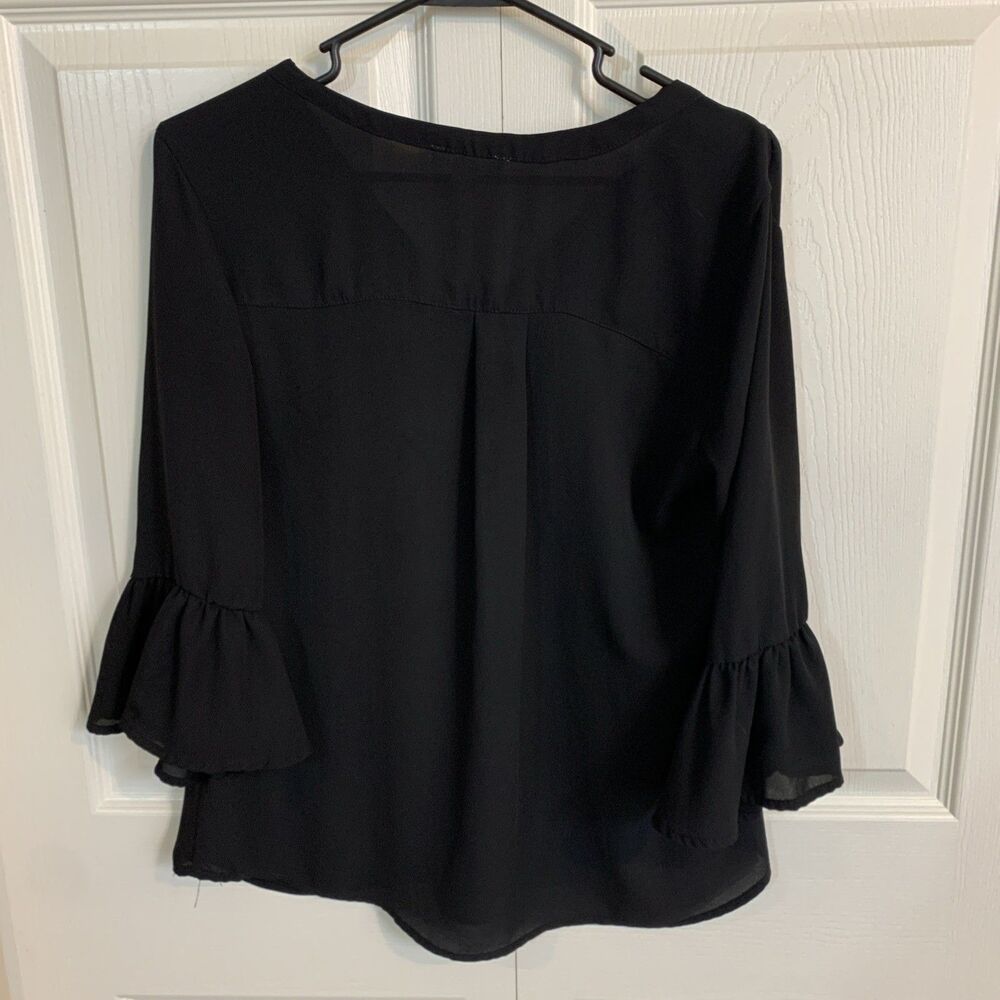 New York & Co Blouse Top Womens S Black Sheer Dark Whimsical Ruffles - Picture 2 of 13